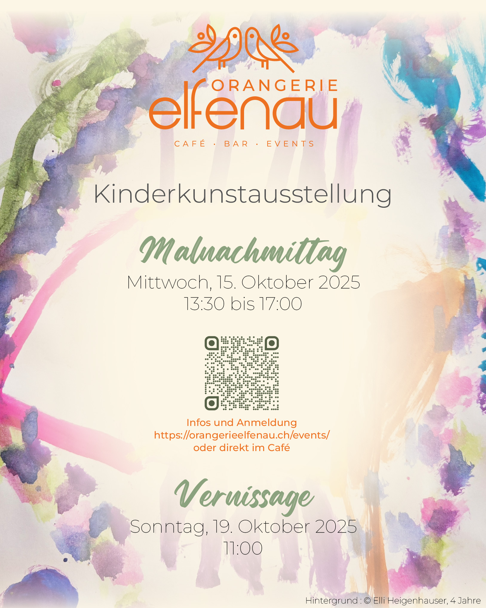 20251015_Kinderkunstausstellung Kreative Events in der Orangerie Elfenau: Malnachmittag für Kinder mit Fingerpainting und Vernissage der Kunstwerke im Café. Jetzt anmelden!